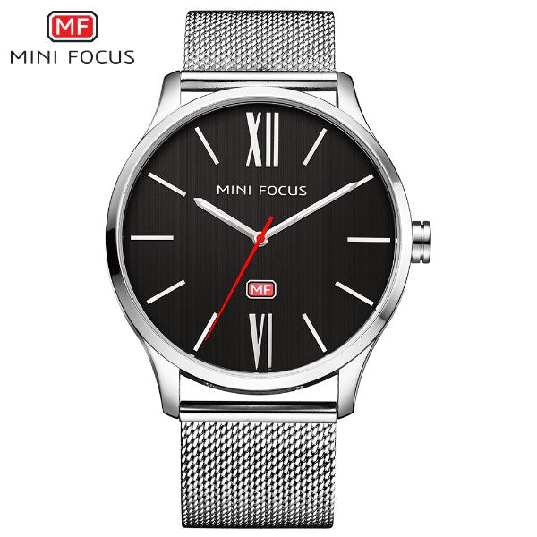 Mini Focus Silver Mesh Bracelet Black Dial Quartz Watch for Gents - MF0018G-03