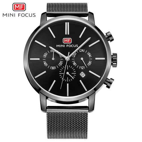 Mini Focus Black Mesh Bracelet Black Dial Chronograph Quartz Watch for Gents - MF0023G-01