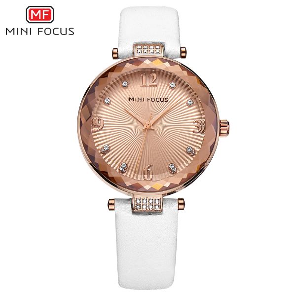 Mini Focus White Leather Strap Rose Gold Dial Quartz Watch for Ladies - MF0038L-02