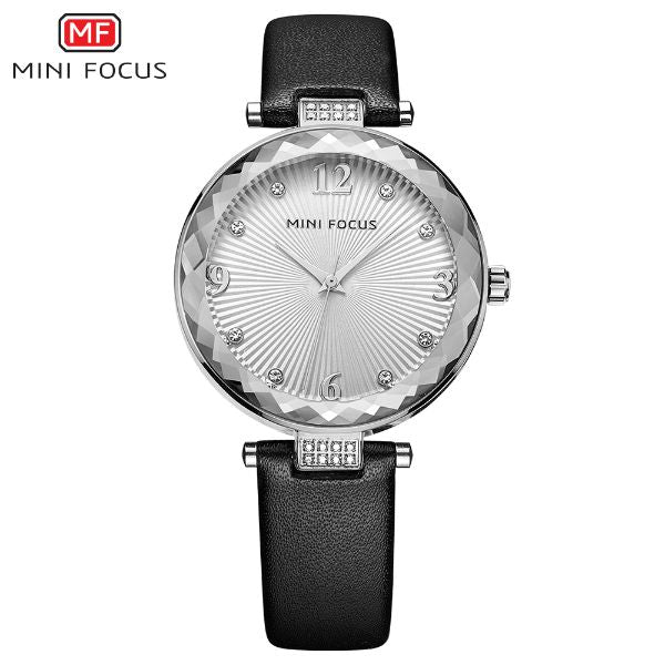 Mini Focus Black Leather Strap Silver Dial Quartz Watch for Ladies - MF0038L-03
