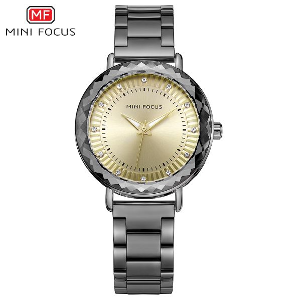 Mini Focus Grey Stainless Steel Gold Dial Quartz Watch for Ladies - MF0040L-04