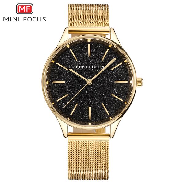 Mini Focus Gold Mesh Bracelet Black Dial Quartz Watch for Ladies - MF0044L-04