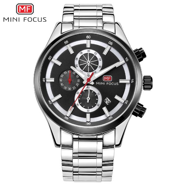 Mini Focus Silver Stainless Steel Black Dial Chronograph Quartz Watch for Gents - MF0081G-01