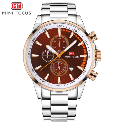 Mini Focus Silver Stainless Steel Brown Dial Chronograph Quartz Watch for Gents - MF0085G-01