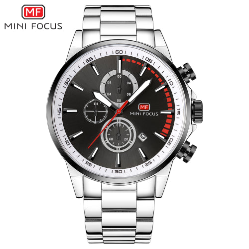 Mini Focus Silver Stainless Steel Black Dial Chronograph Quartz Watch for Gents - MF0085G-03