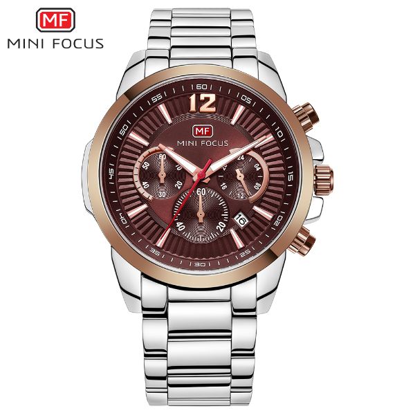 Mini Focus Silver Stainless Steel Brown Dial Chronograph Quartz Watch for Gents - MF0087G-04