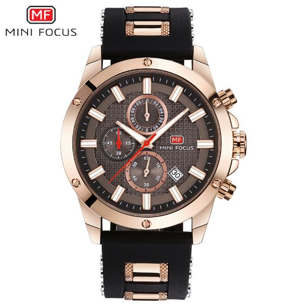 Mini Focus Black Silicone Strap Strap Brown Dial Chronograph Quartz Watch for Gents - MF0089G-01