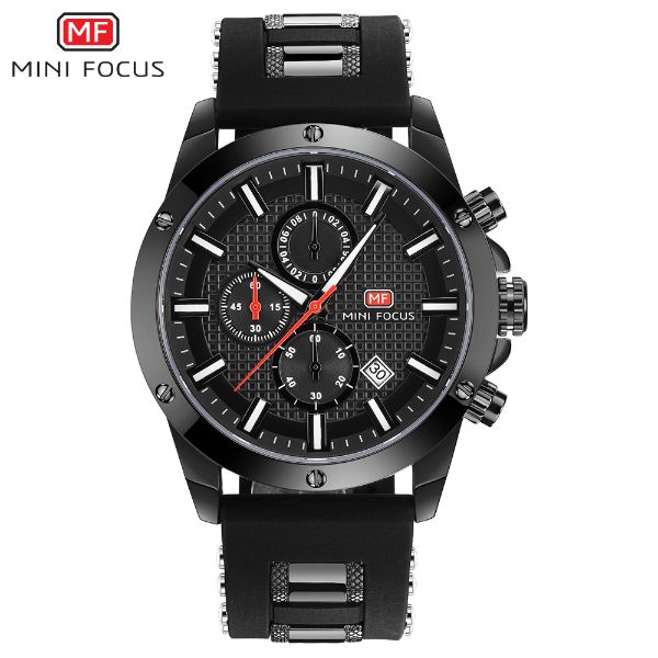 Mini Focus Black Silicone Strap Strap Black Dial Chronograph Quartz Watch for Gents - MF0089G-02