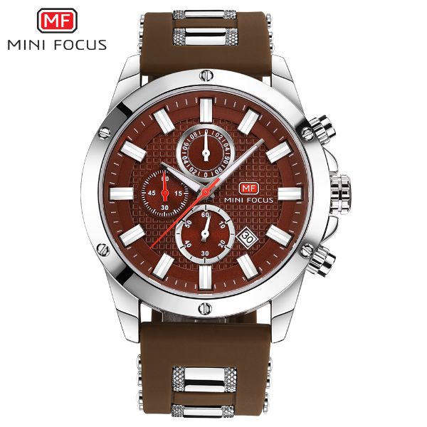 Mini Focus Brown Silicone Strap Strap Burgundy Dial Chronograph Quartz Watch for Gents - MF0089G-03