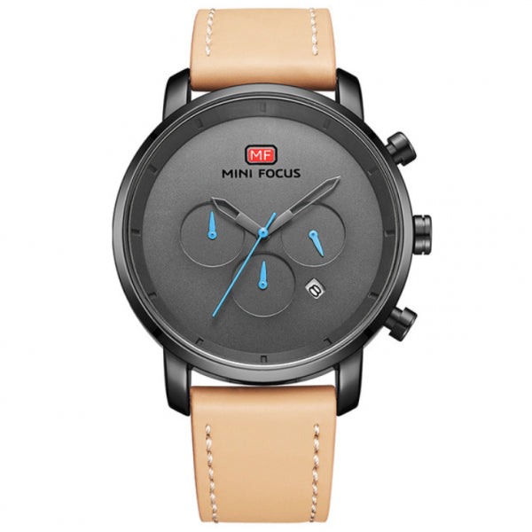 Mini Focus Brown Leather Strap Black Dial Chronograph Quartz Watch for Gents - MF0102G-01