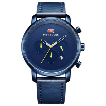 Mini Focus Blue Leather Strap Blue Dial Chronograph Quartz Watch for Gents - MF0102G-04