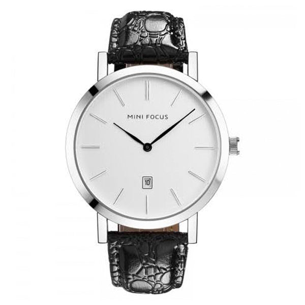 Mini Focus Black Leather Strap White Dial Quartz Watch for Gents - MF0108G-01
