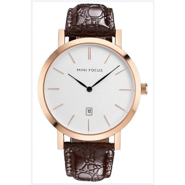 Mini Focus Brown Leather Strap White Dial Quartz Watch for Gents - MF0108G-02