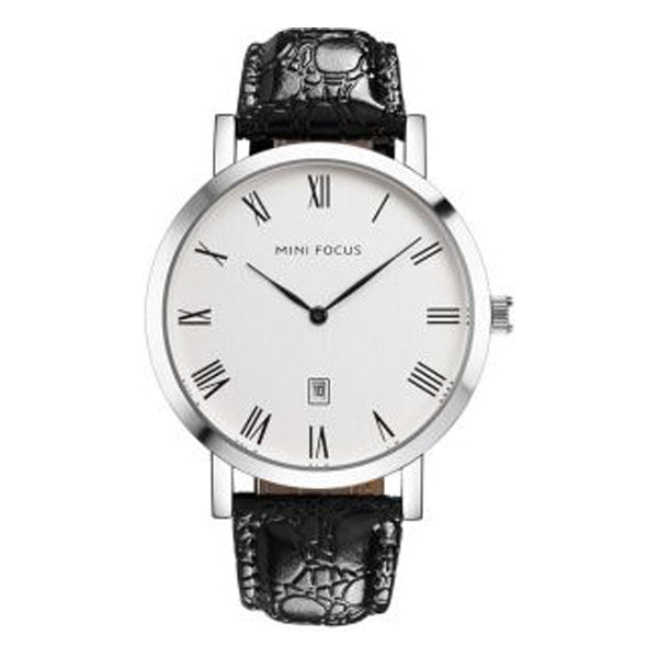 Mini Focus Black Leather Strap White Dial Quartz Watch for Gents - MF0108G-03