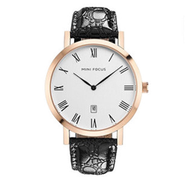 Mini Focus Black Leather Strap White Dial Quartz Watch for Gents - MF0108G-04