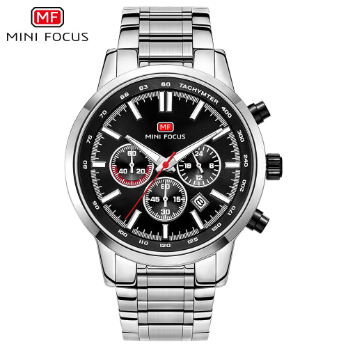 Mini Focus Silver Stainless Steel Black Dial Chronograph Quartz Watch for Gents - MF0133G-03