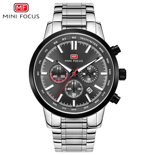 Mini Focus Silver Stainless Steel Black Dial Chronograph Quartz Watch for Gents - MF0133G-04