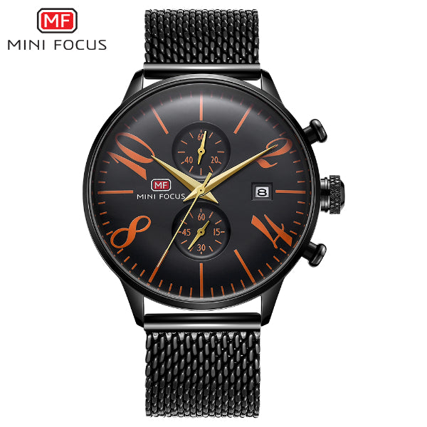 Mini Focus Black Mesh Bracelet Black Dial Chronograph Quartz Watch for Gents - MF0135G-08