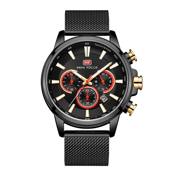 Mini Focus Black Mesh Bracelet Black Dial Chronograph Quartz Watch for Gents - MF0142G-02