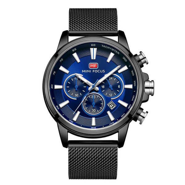 Mini Focus Black Mesh Bracelet Blue Dial Chronograph Quartz Watch for Gents - MF0142G-04