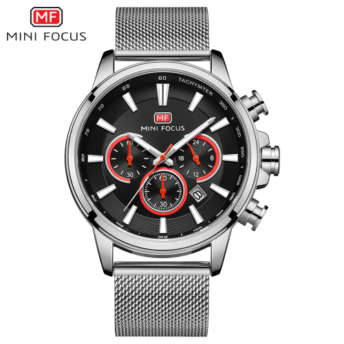 Mini Focus Silver Mesh Bracelet Black Dial Chronograph Quartz Watch for Gents - MF0142G-01