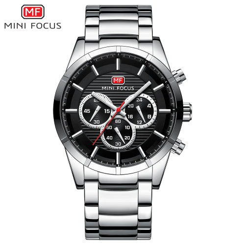 Mini Focus Silver Stainless Steel Black Dial Chronograph Quartz Watch for Gents - MF0170G-02