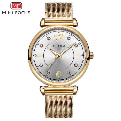 Mini Focus Gold Mesh Bracelet Silver Dial Quartz Watch for Ladies - MF0177L-01