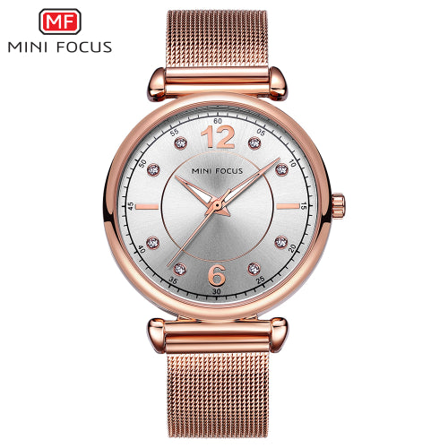 Mini Focus Rose Gold Mesh Bracelet Silver Dial Quartz Watch for Ladies - MF0177L-02