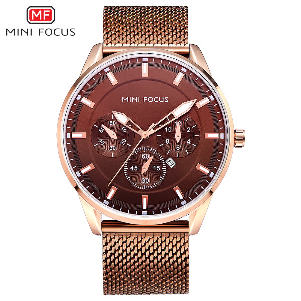 Mini Focus Rose Gold Mesh Bracelet Brown Dial Quartz Watch for Gents - MF0178G-01