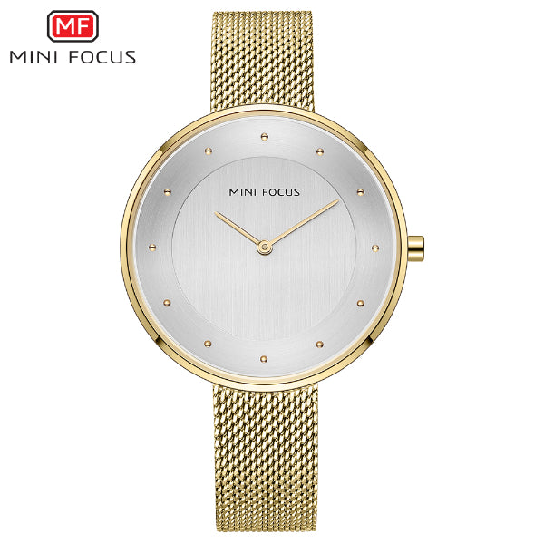 Mini Focus Gold Mesh Bracelet Silver Dial Quartz Watch for Ladies - MF0179L-05