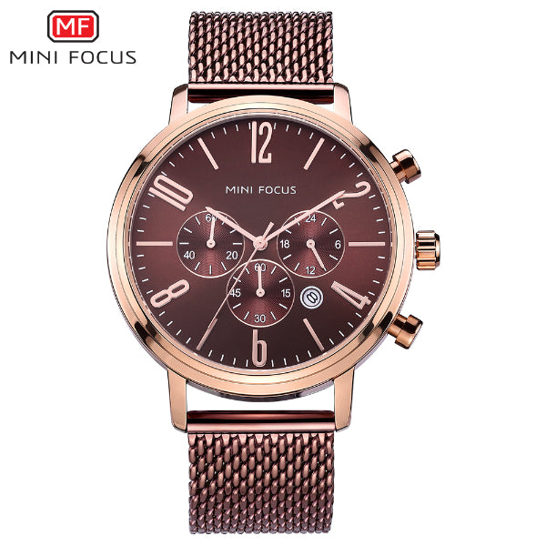 Mini Focus Rose Gold Mesh Bracelet Brown Dial Chronograph Quartz Watch for Gents - MF0183G-04