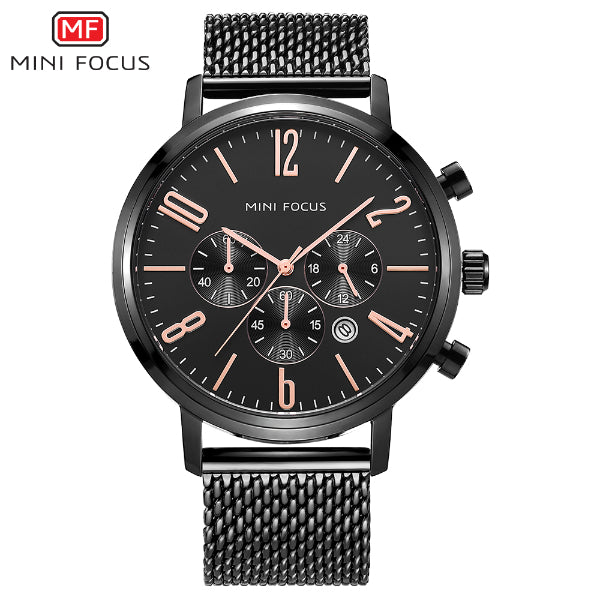 Mini Focus Black Mesh Bracelet Black Dial Chronograph Quartz Watch for Gents - MF0183G-05