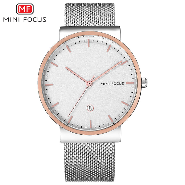 Mini Focus Silver Mesh Bracelet White Dial Quartz Watch for Gents - MF0184G-02