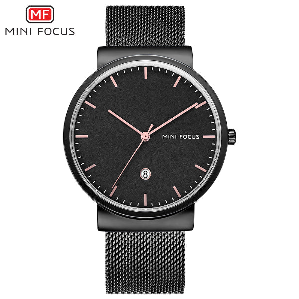 Mini Focus Black Mesh Bracelet Black Dial Quartz Watch for Gents - MF0184G-03
