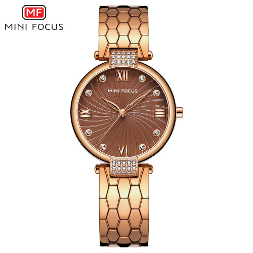 Mini Focus Rose Gold Stainless Steel Brown Dial Quartz Watch for Ladies - MF0186L-01