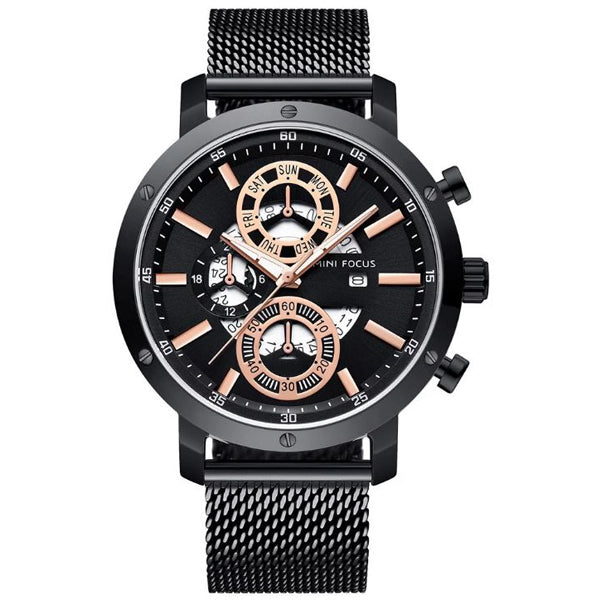 Mini Focus Black Mesh Bracelet Black Dial Chronograph Quartz Watch for Gents - MF0190G-01