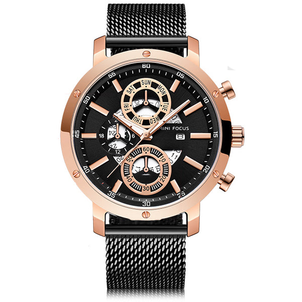 Mini Focus Black Mesh Bracelet Black Dial Chronograph Quartz Watch for Gents - MF0190G-02
