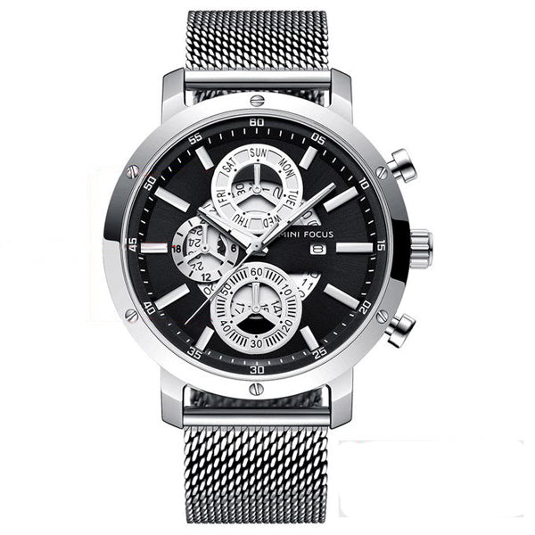 Mini Focus Silver Mesh Bracelet Black Dial Chronograph Quartz Watch for Gents - MF0190G-04