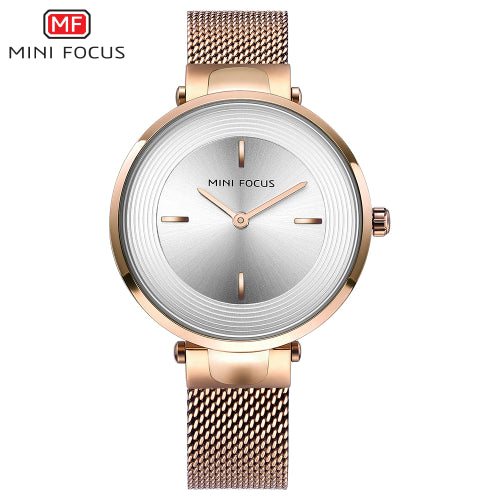 Mini Focus Rose Gold Mesh Bracelet Silver Dial Quartz Watch for Ladies - MF0195L-02