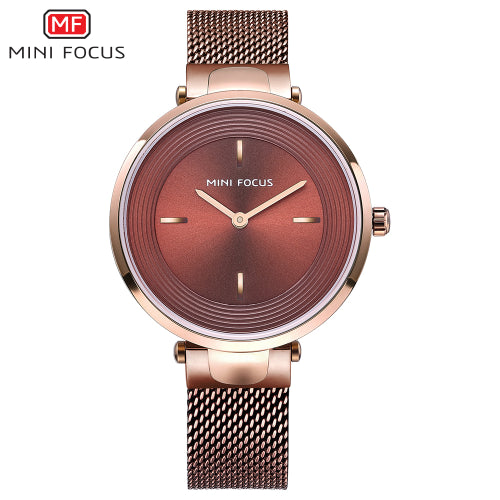 Mini Focus Rose Gold Mesh Bracelet Red Dial Quartz Watch for Ladies - MF0195L-05