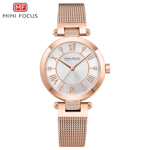 Mini Focus Rose Gold Mesh Bracelet Silver Dial Quartz Watch for Ladies - MF0215L-05