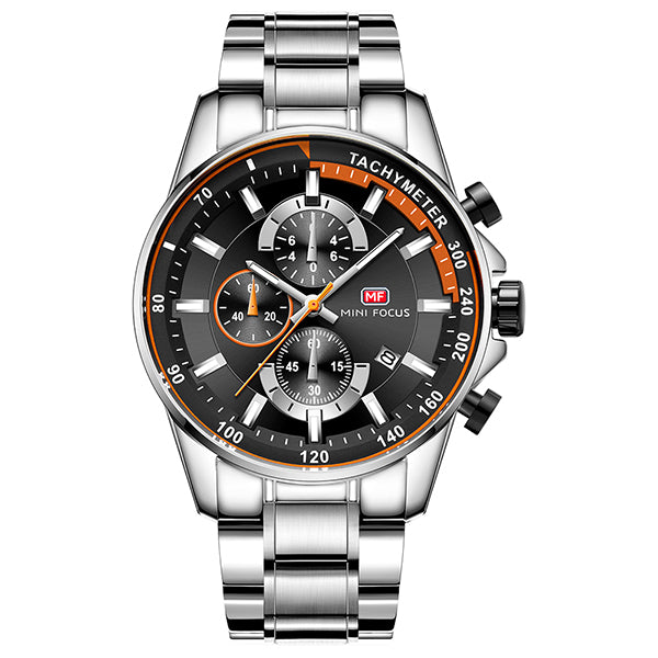 Mini Focus Silver Stainless Steel Black Dial Chronograph Quartz Watch for Gents - MF0218G-03