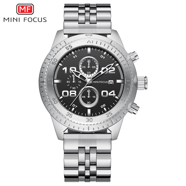 Mini Focus Silver Stainless Steel Black Dial Chronograph Quartz Watch for Gents - MF0230G-02