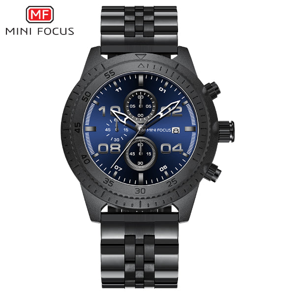 Mini Focus Black Stainless Steel Blue Dial Chronograph Quartz Watch for Gents - MF0230G-03