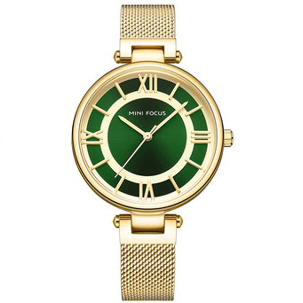 Mini Focus Gold Mesh Bracelet Green Dial Quartz Watch for Ladies - MF0234L-01