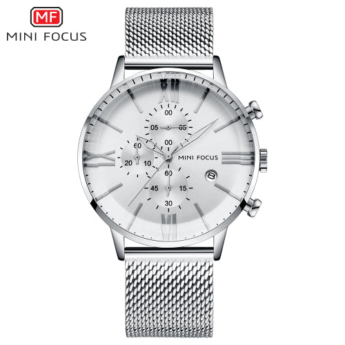 Mini Focus Silver Mesh Bracelet Silver Dial Chronograph Quartz Watch for Gents - MF0236G-01