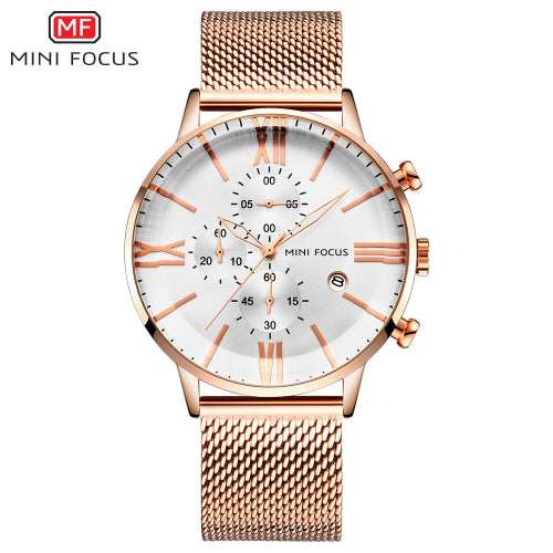 Mini Focus Rose Gold Mesh Bracelet Silver Dial Chronograph Quartz Watch for Gents - MF0236G-02