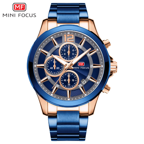 Mini Focus Blue Stainless Steel Blue Dial Chronograph Quartz Watch for Gents - MF0237G-01