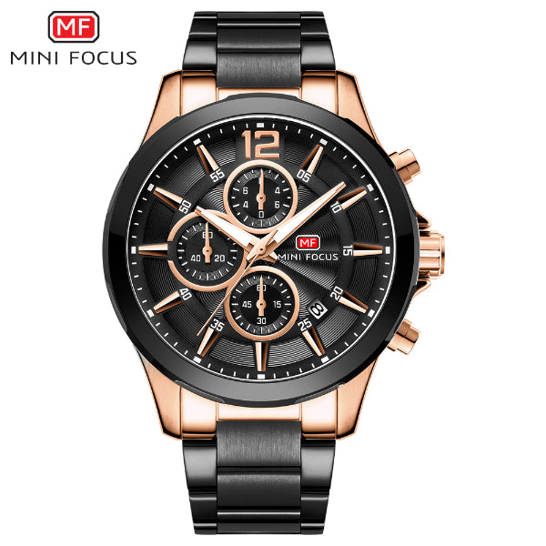 Mini Focus Black Stainless Steel Black Dial Chronograph Quartz Watch for Gents - MF0237G-02