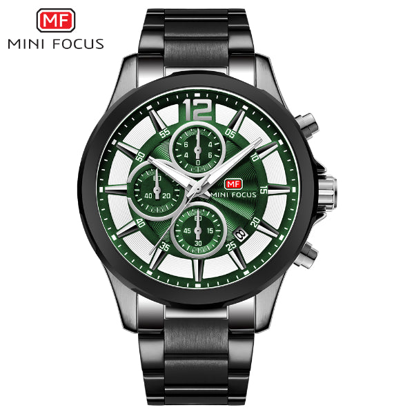 Mini Focus Grey Stainless Steel Green Dial Chronograph Quartz Watch for Gents - MF0237G-03